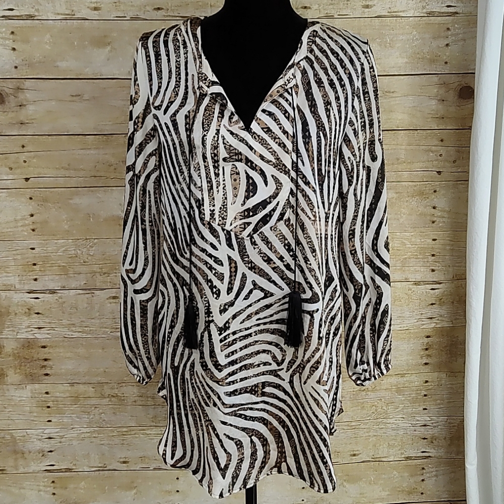 Chico's Animal Print Tunic Top With Tassels